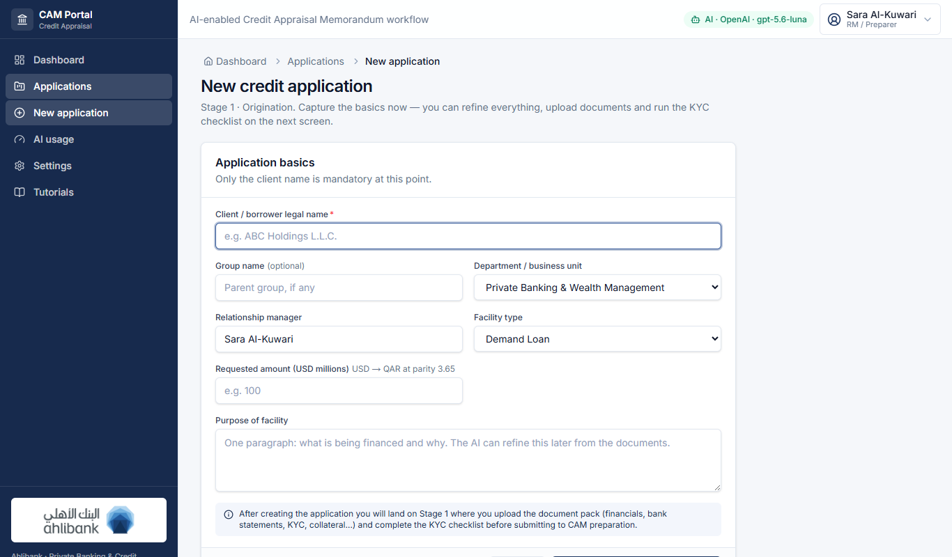 New application — only the client name is mandatory; everything else can be completed in Stage 1.