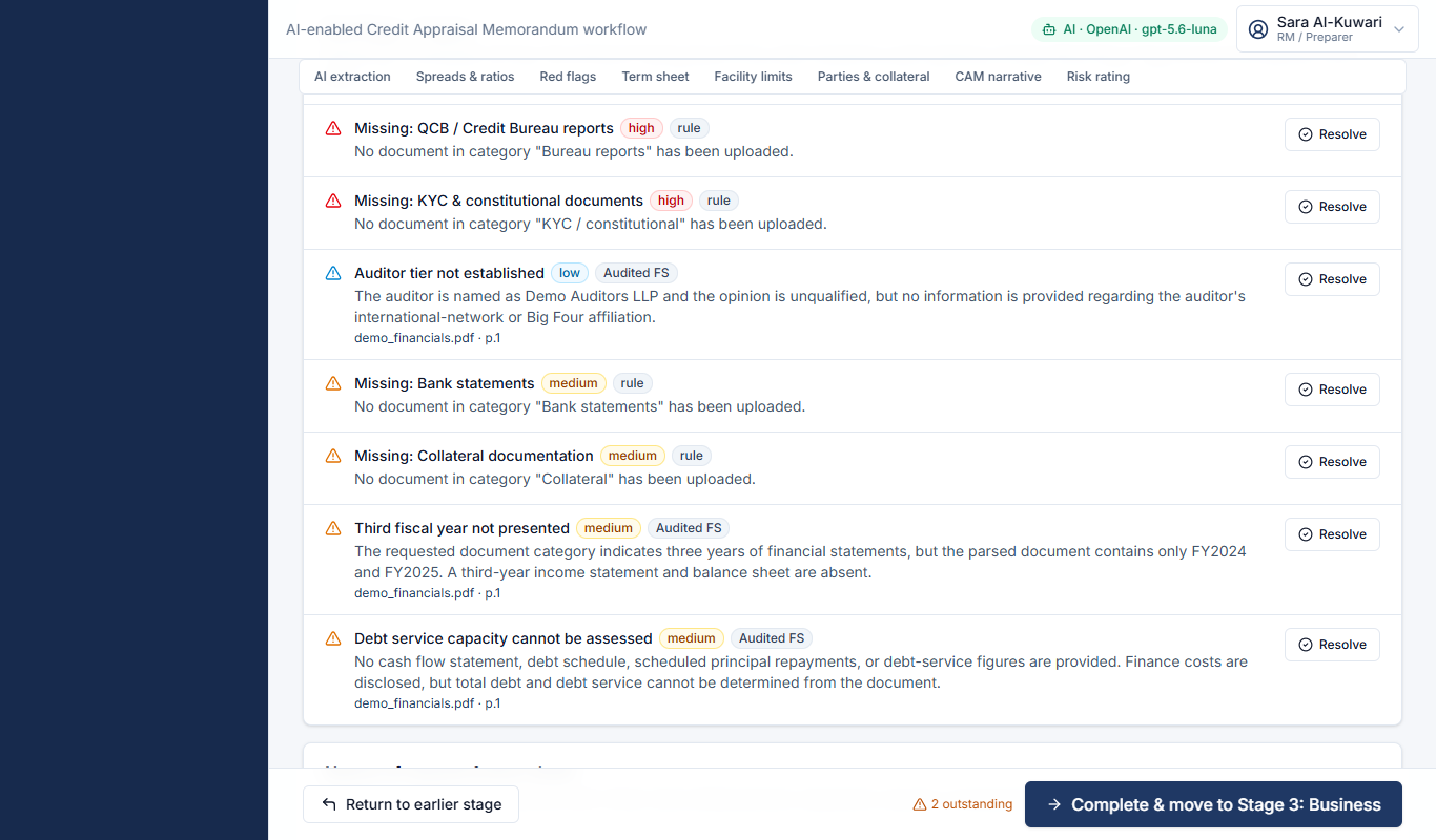 Red flags from extraction and rule checks; resolving records who cleared it and why.