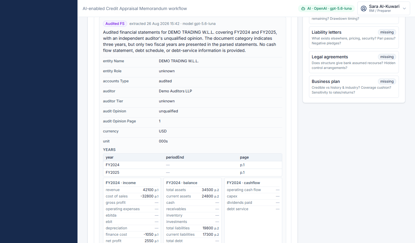 Documents → extracted data: every value shows the page it came from; p.N opens the PDF at that page.