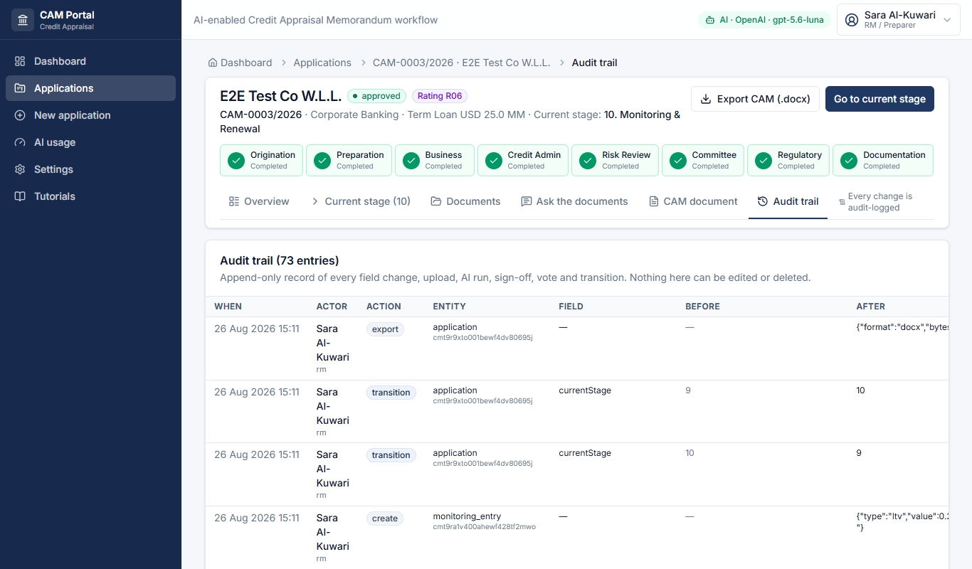 Audit trail — append-only.