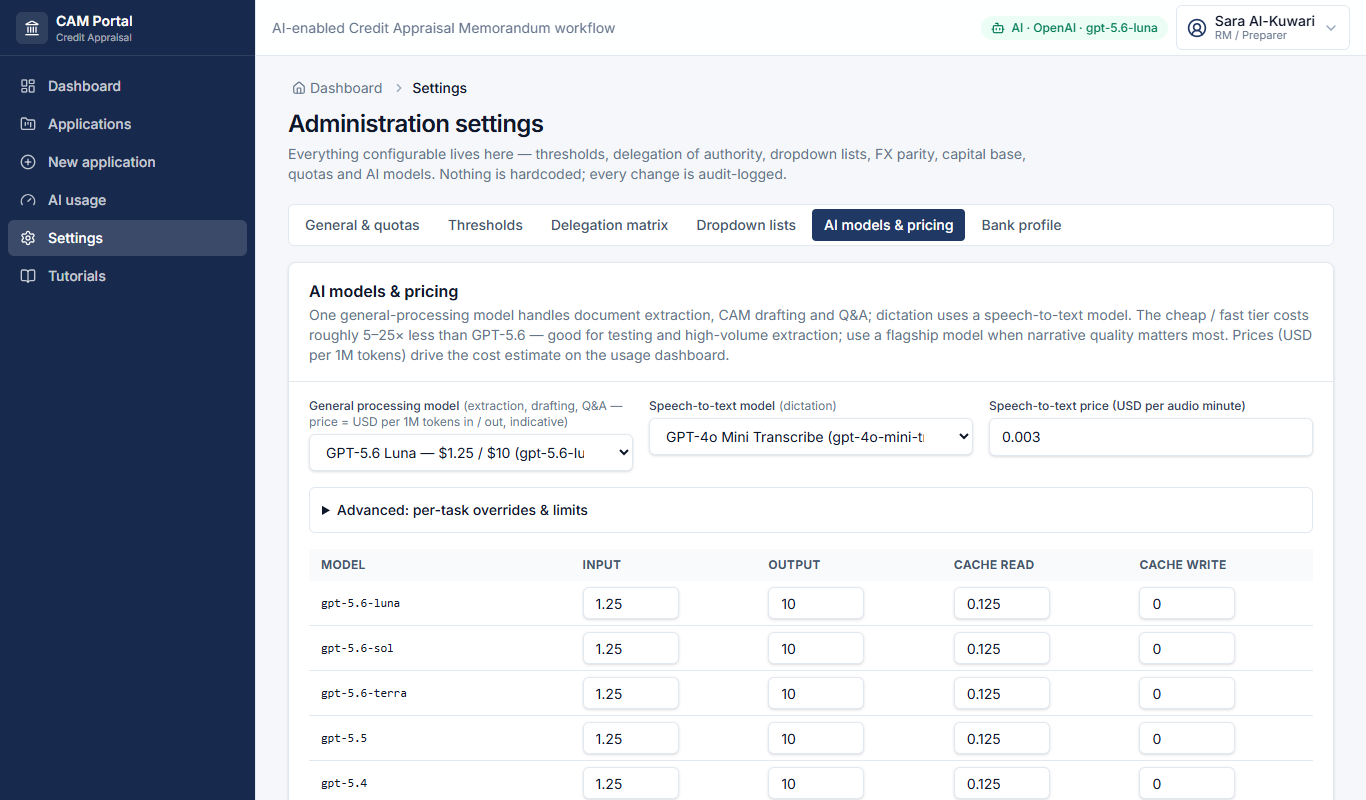 Settings → AI models & pricing: general model (GPT-5.6 Luna / Sol / Terra, flagship GPT-5.x, or the cheap / fast tier with indicative prices), speech-to-text model, advanced overrides, price table.