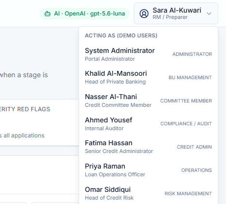 Acting as — pick a demo user for each role.